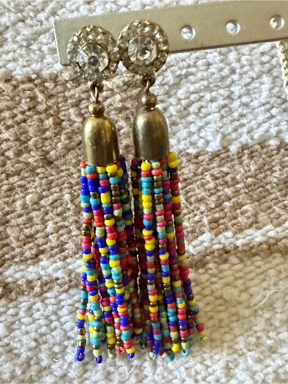 Boho rainbow beaded tassel earrings with crystal rhinestones